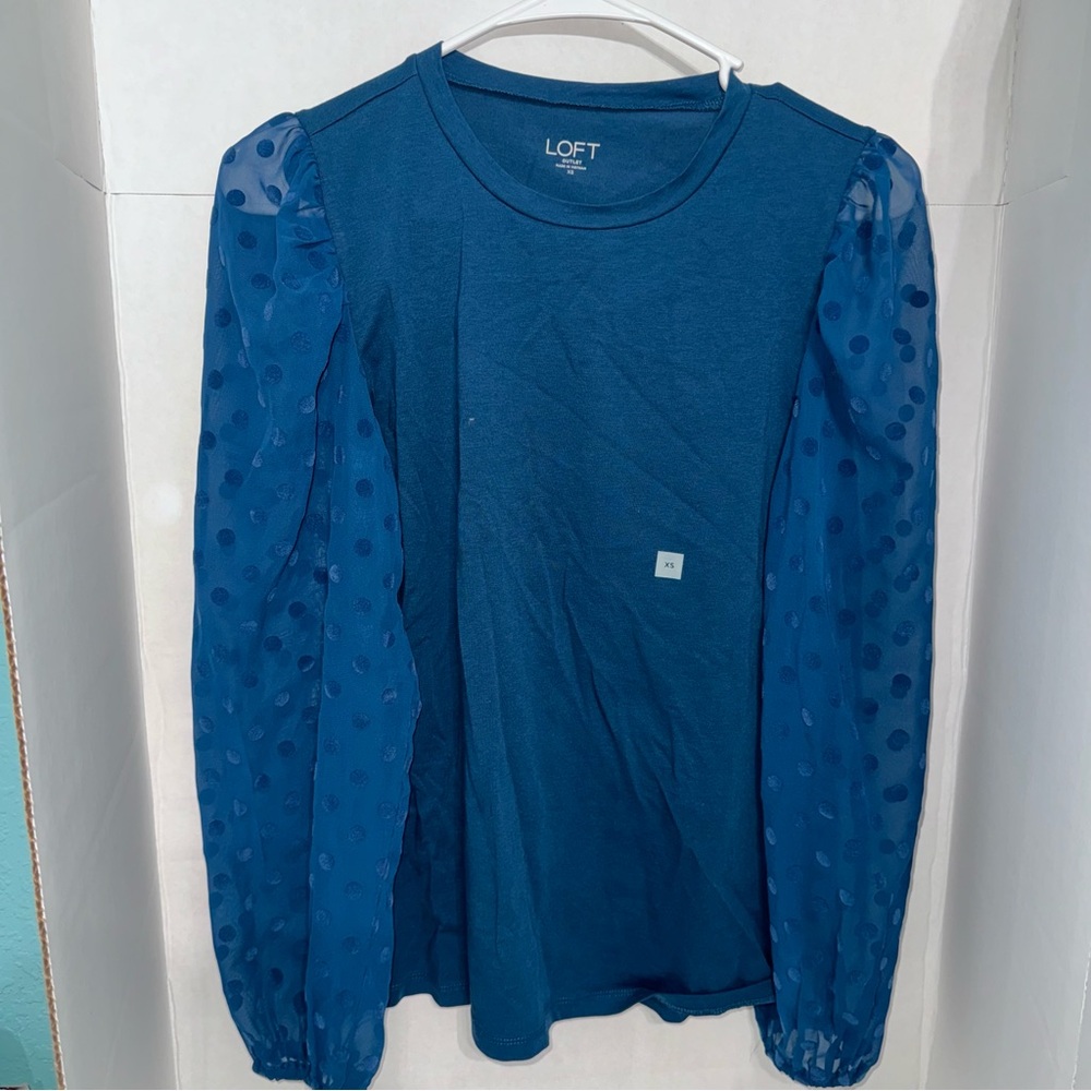 New LOFT Blue Long Sleeve Top with Sheer Polka Dot Sleeves